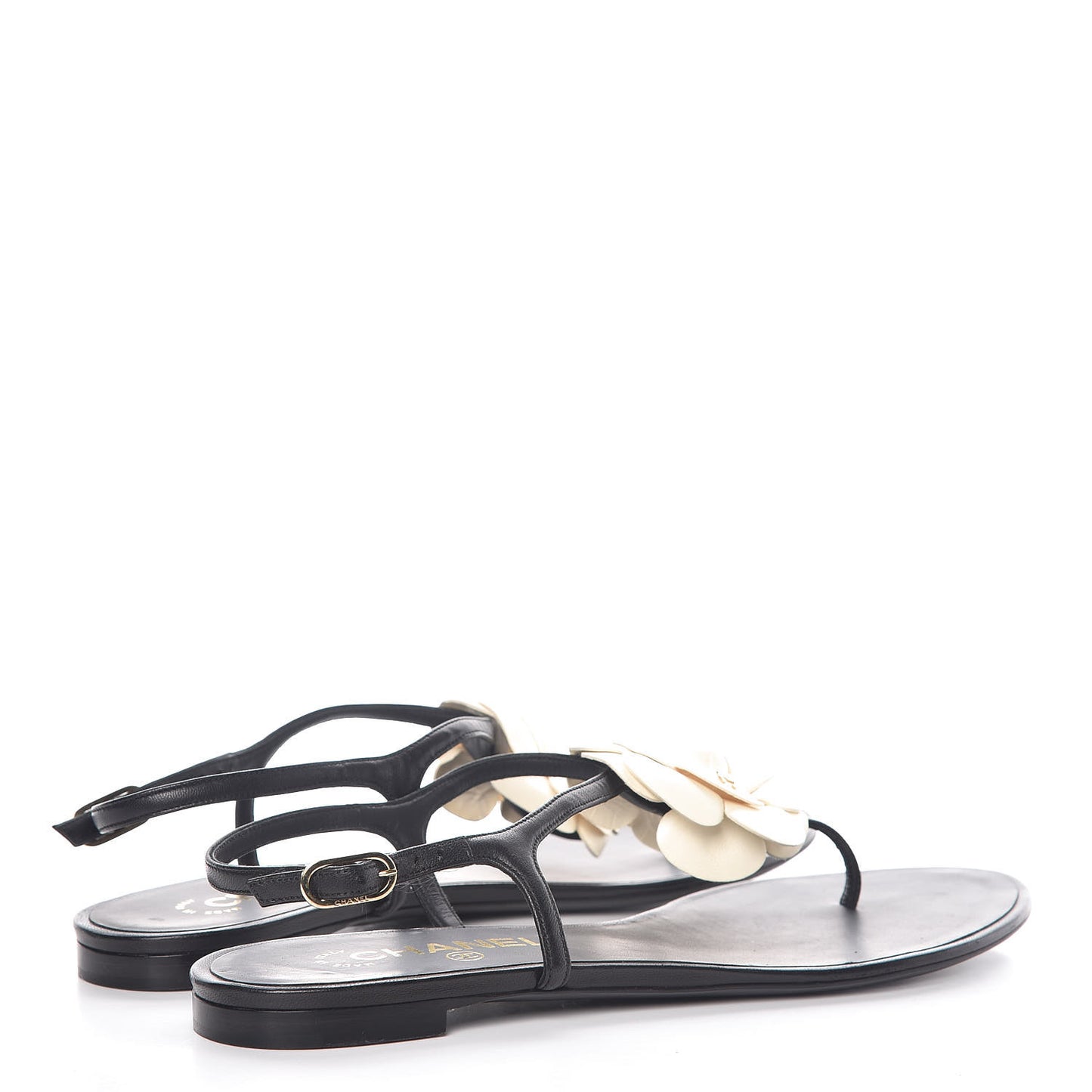 Lambskin Camellia Thong Sandals 39.5 Black White