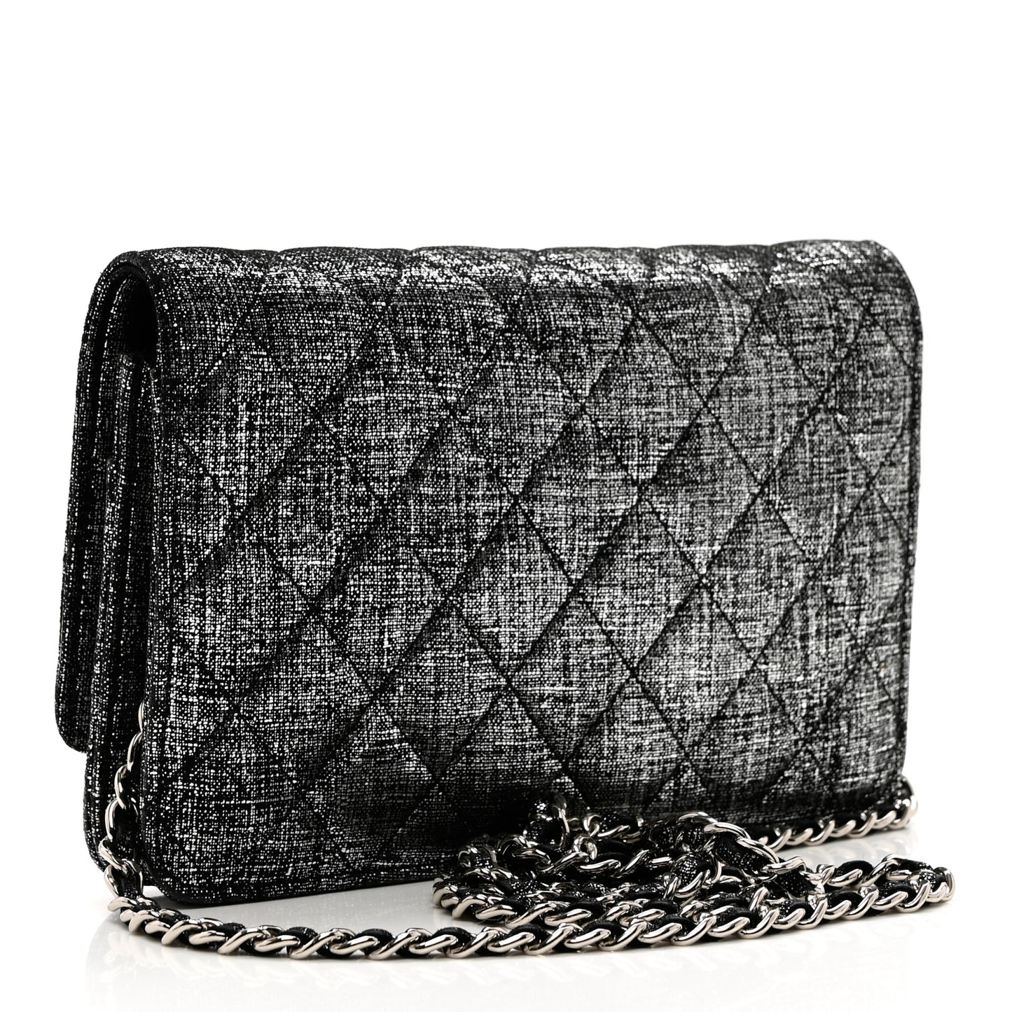 Metallic Fabric Quilted Wallet On Chain WOC Silver Black