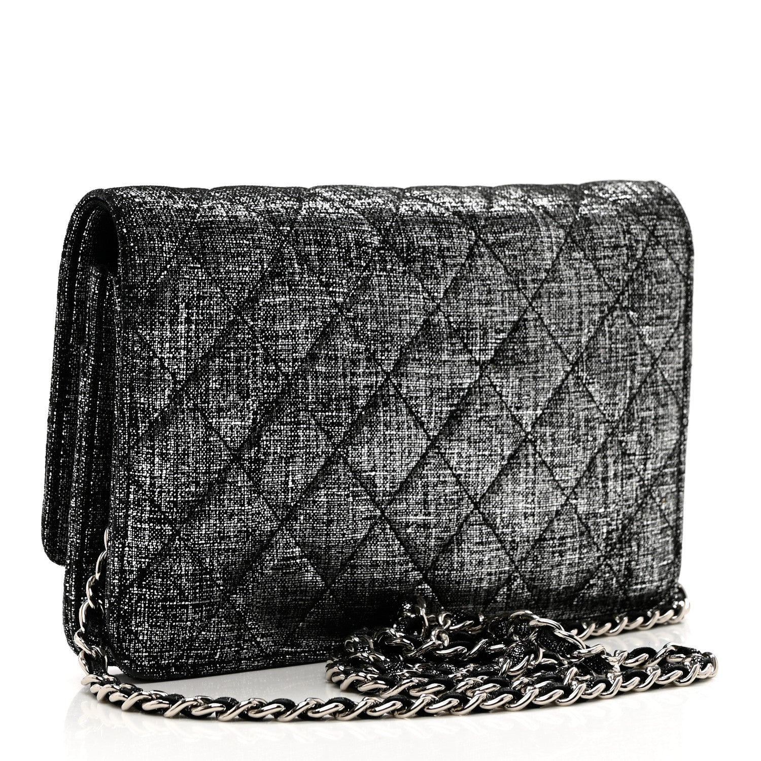 Chanel Metallic Fabric Quilted Wallet On Chain WOC Silver Black 2 of 8