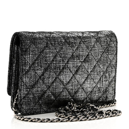 Chanel Metallic Fabric Quilted Wallet On Chain WOC Silver Black 2 of 8