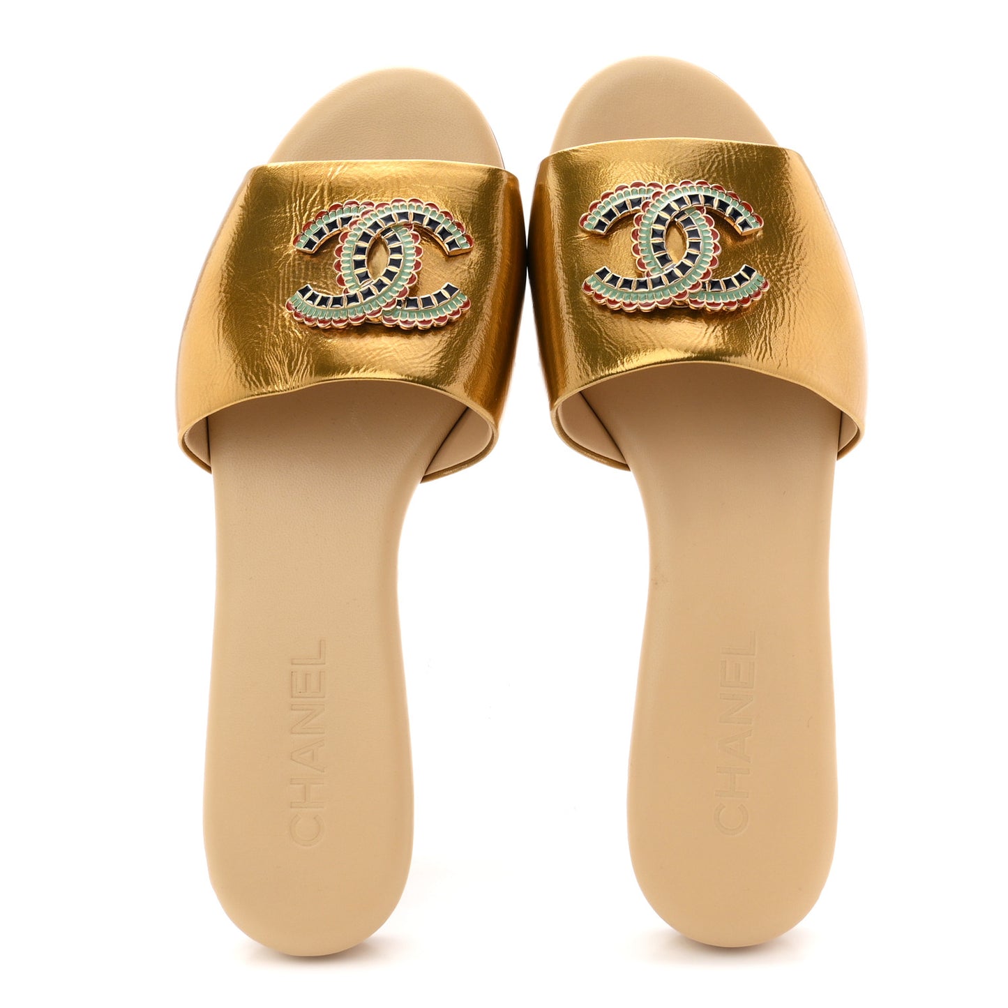 Laminated Lambskin Enamel CC Mules Sandals 39 Beige