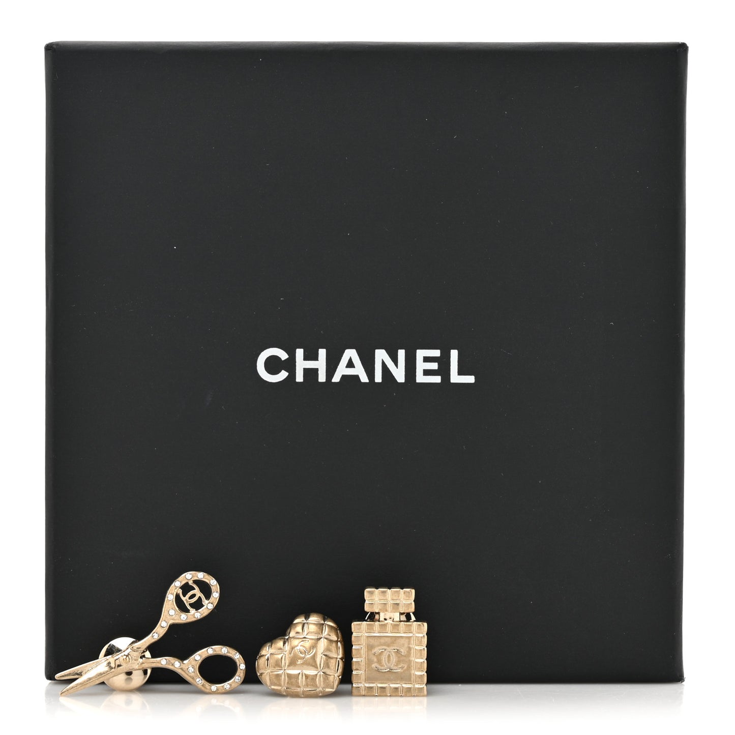 Metal Strass Crystal Quilted CC Heart Scissors Perfume Brooch Set Gold