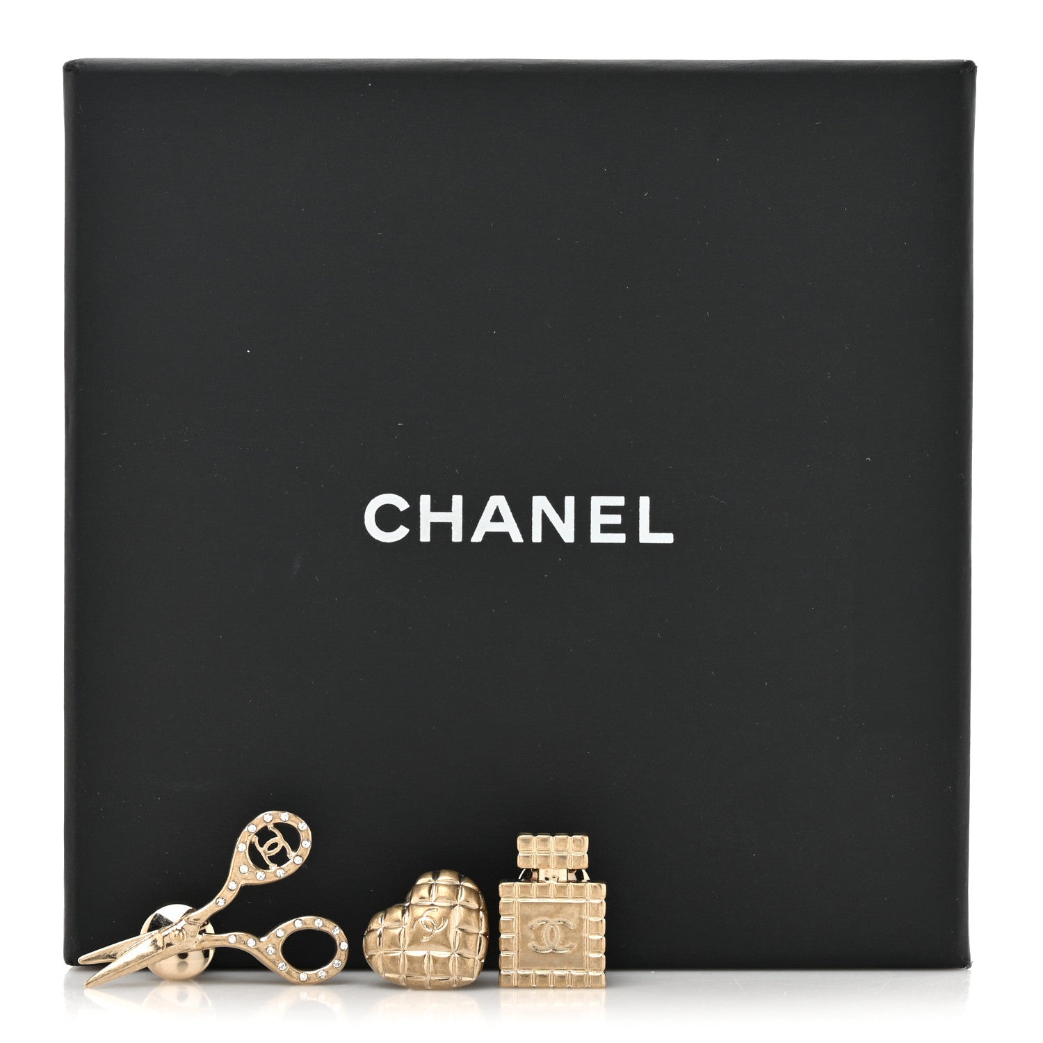 Chanel Metal Strass Crystal Quilted CC Heart Scissors Perfume Brooch Set Gold 5 of 5