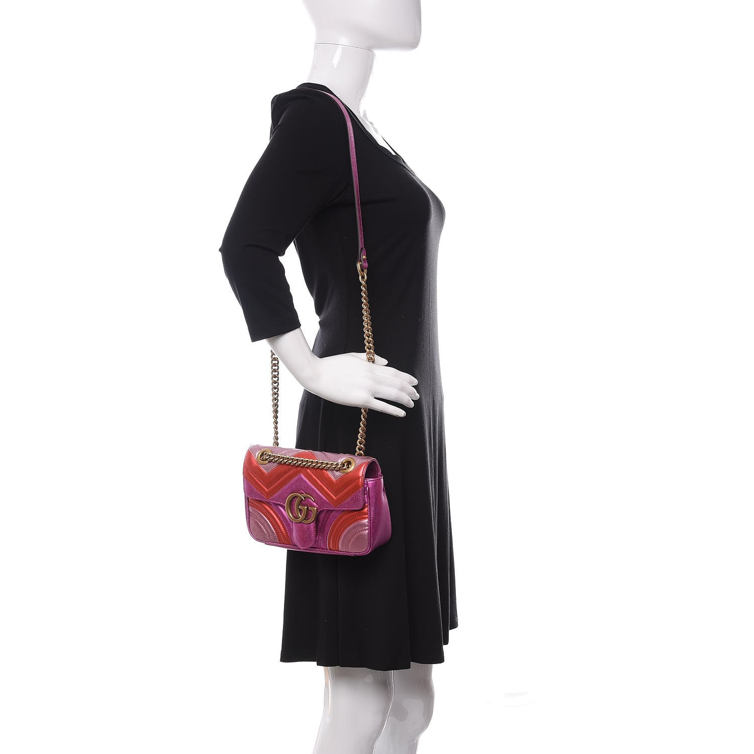 Gucci Metallic Calfskin Matelasse Mini GG Marmont Shoulder Bag Fuchsia 2 of 10