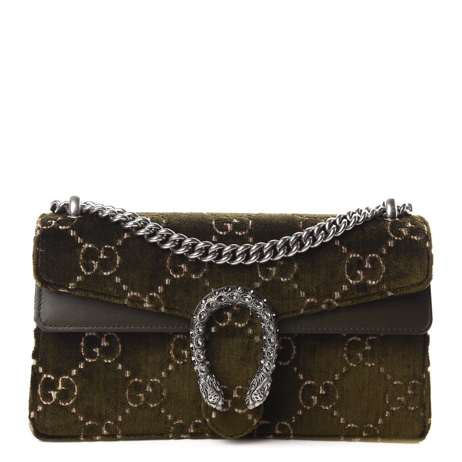 Gucci Velvet Moon Calfskin Crystal GG Monogram Small Dionysus Shoulder Bag Dark Olive Rose Gold 1 of 10