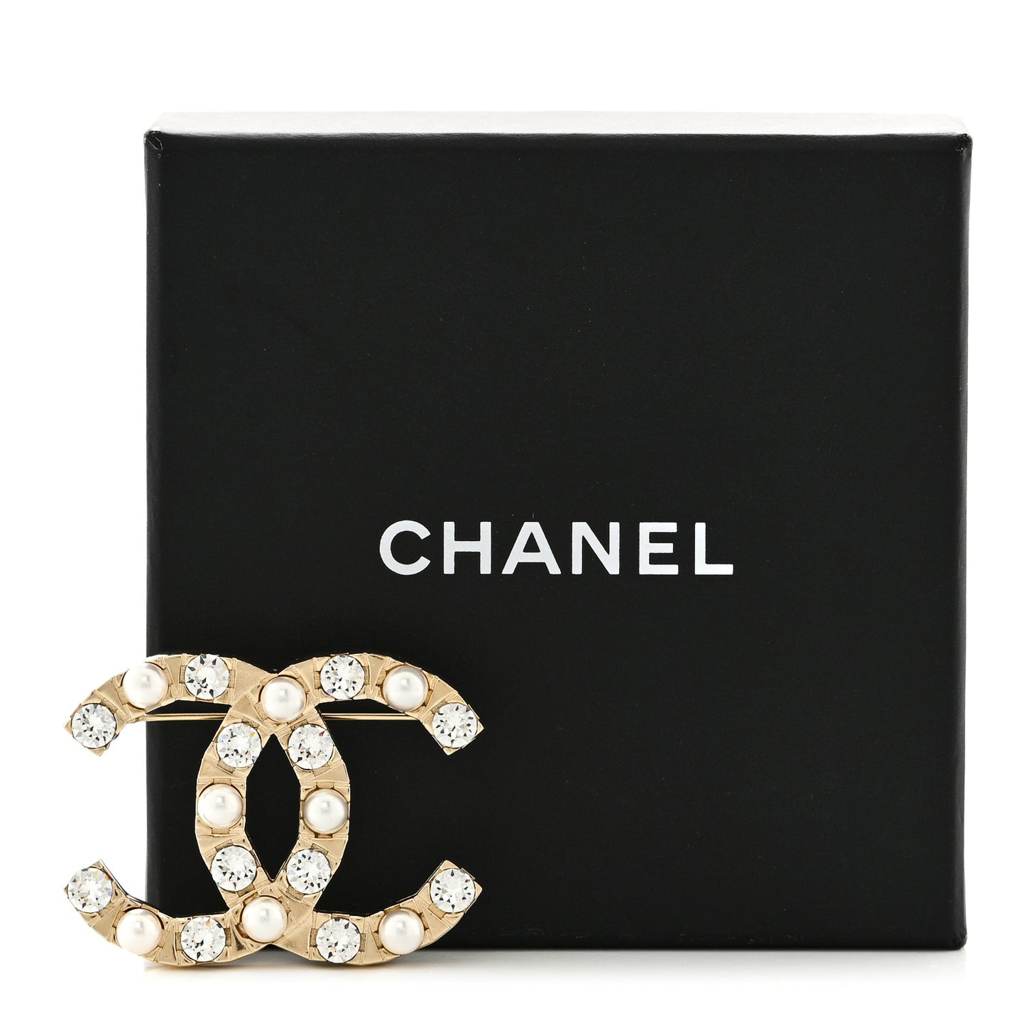 Pearl Crystal CC Brooch Gold