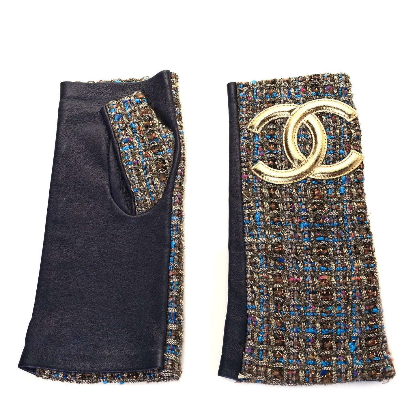 Lambskin Tweed CC Fingerless Gloves 8.5 Dark Grey Blue Gold