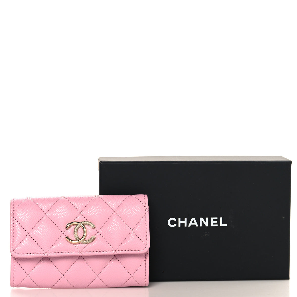 Caviar Quilted Crystal CC Flap Card Holder Pink