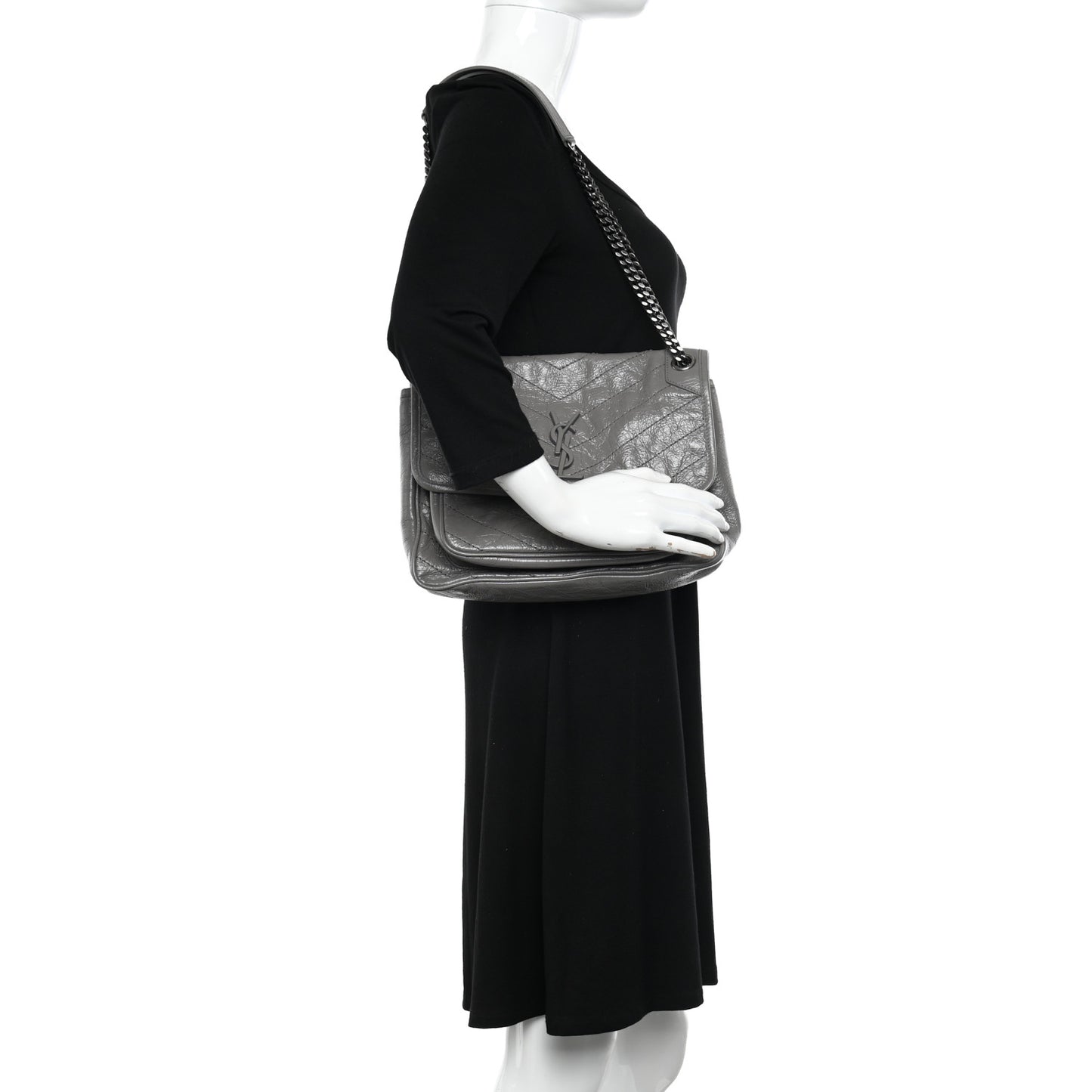 Crinkled Calfskin Matelasse Monogram Medium Niki Chain Satchel Fog