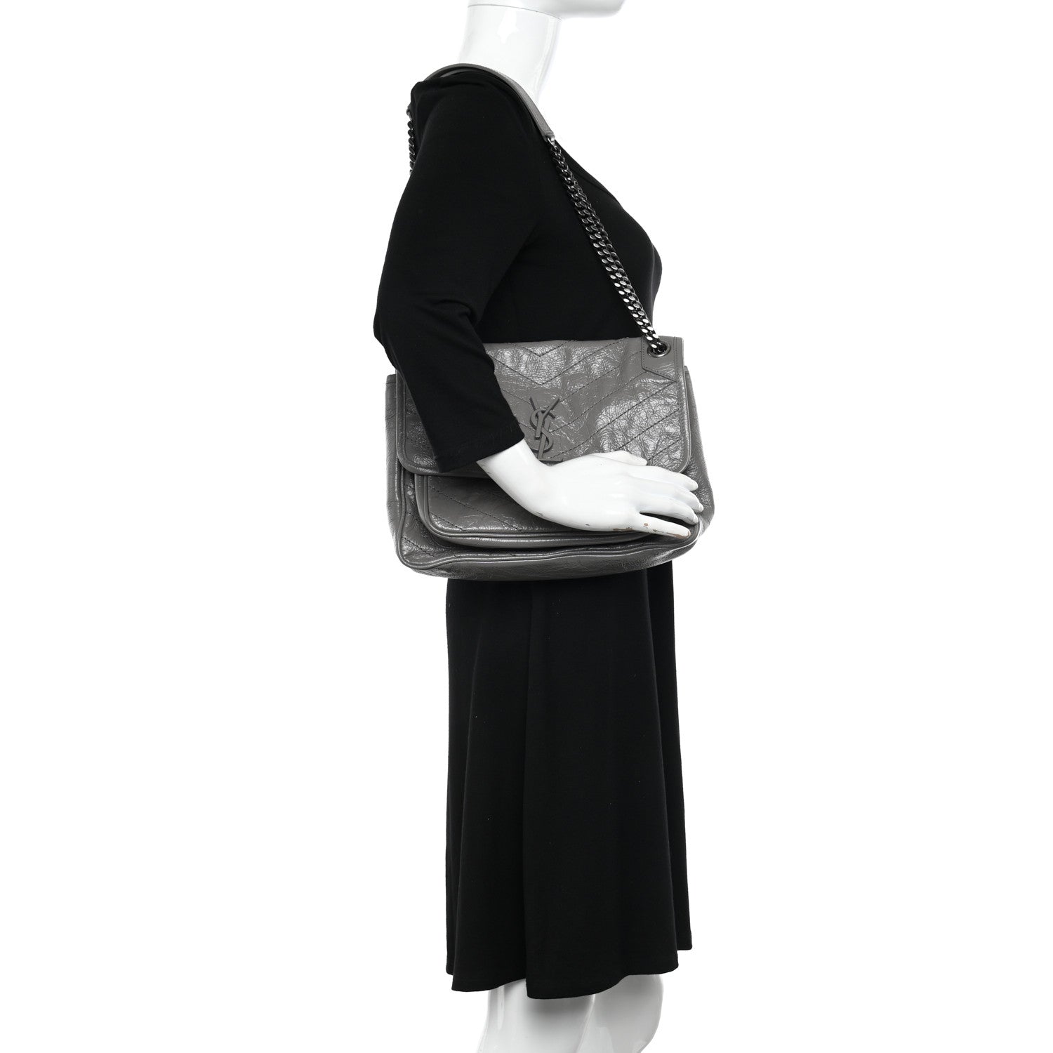 Saint Laurent Crinkled Calfskin Matelasse Monogram Medium Niki Chain Satchel Fog 2 of 10
