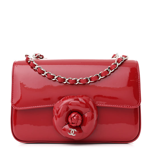 Patent Calfskin Small Camellia Flap Red
