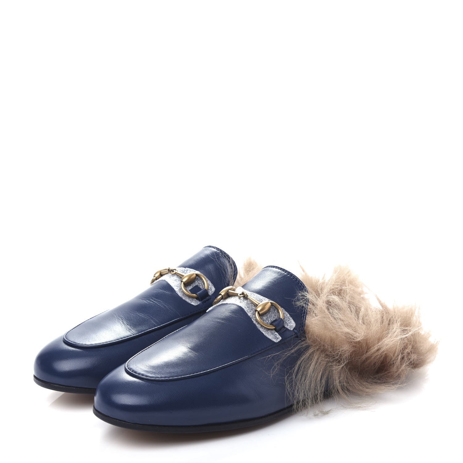 Gucci Malaga Kid Fur Womens Princetown Slippers 37 Blue Agata 3 of 10
