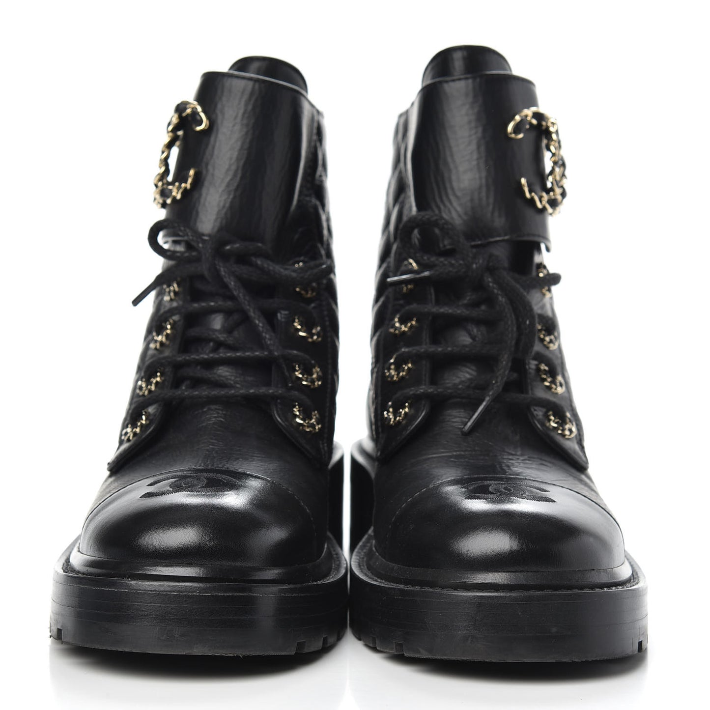 Shiny Goatskin Calfskin Quilted Lace Up Combat Boots 37.5 Black
