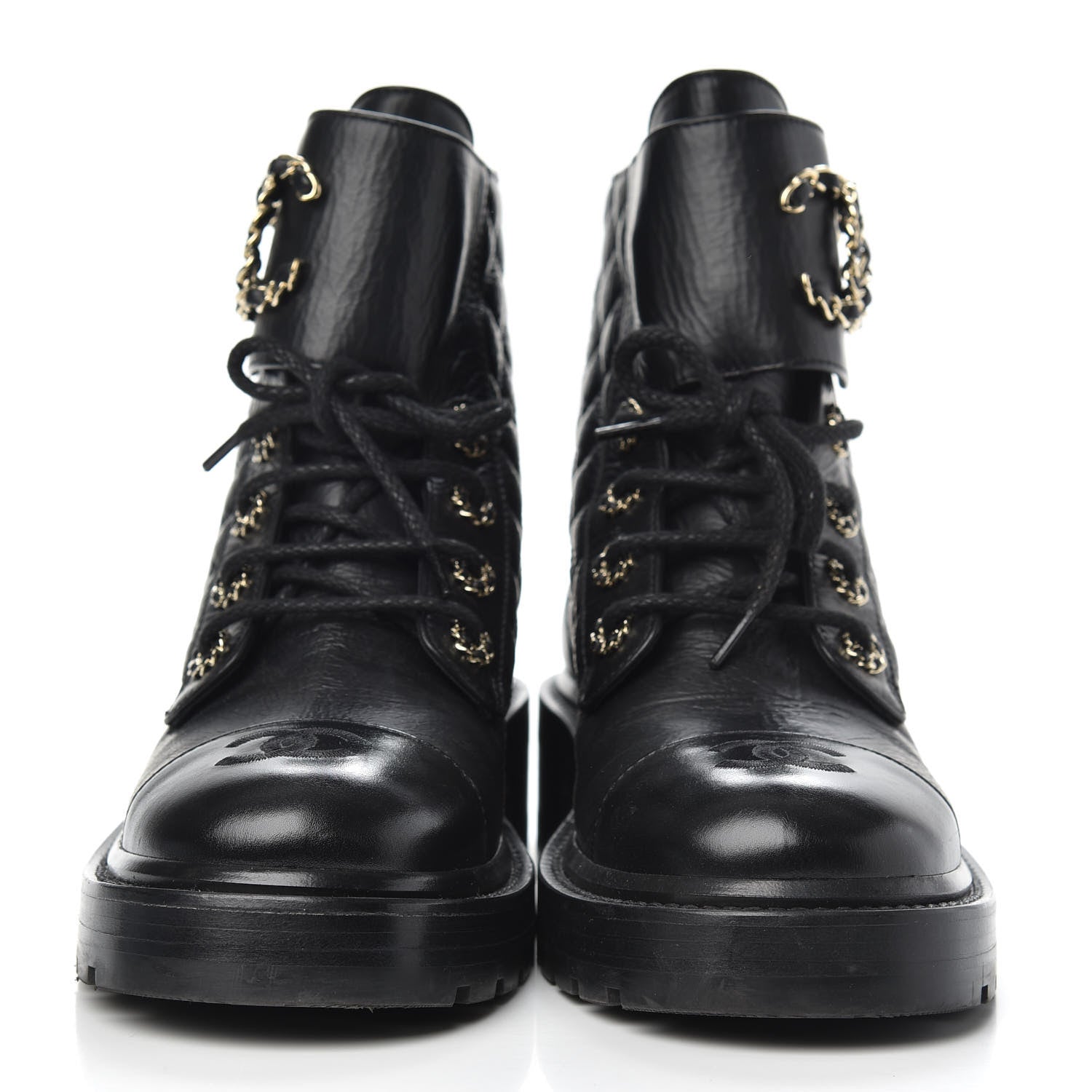 Chanel Shiny Goatskin Calfskin Quilted Lace Up Combat Boots 37.5 Black 2 of 8