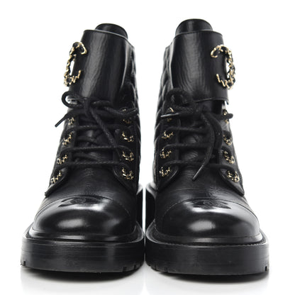 Chanel Shiny Goatskin Calfskin Quilted Lace Up Combat Boots 37.5 Black 2 of 8