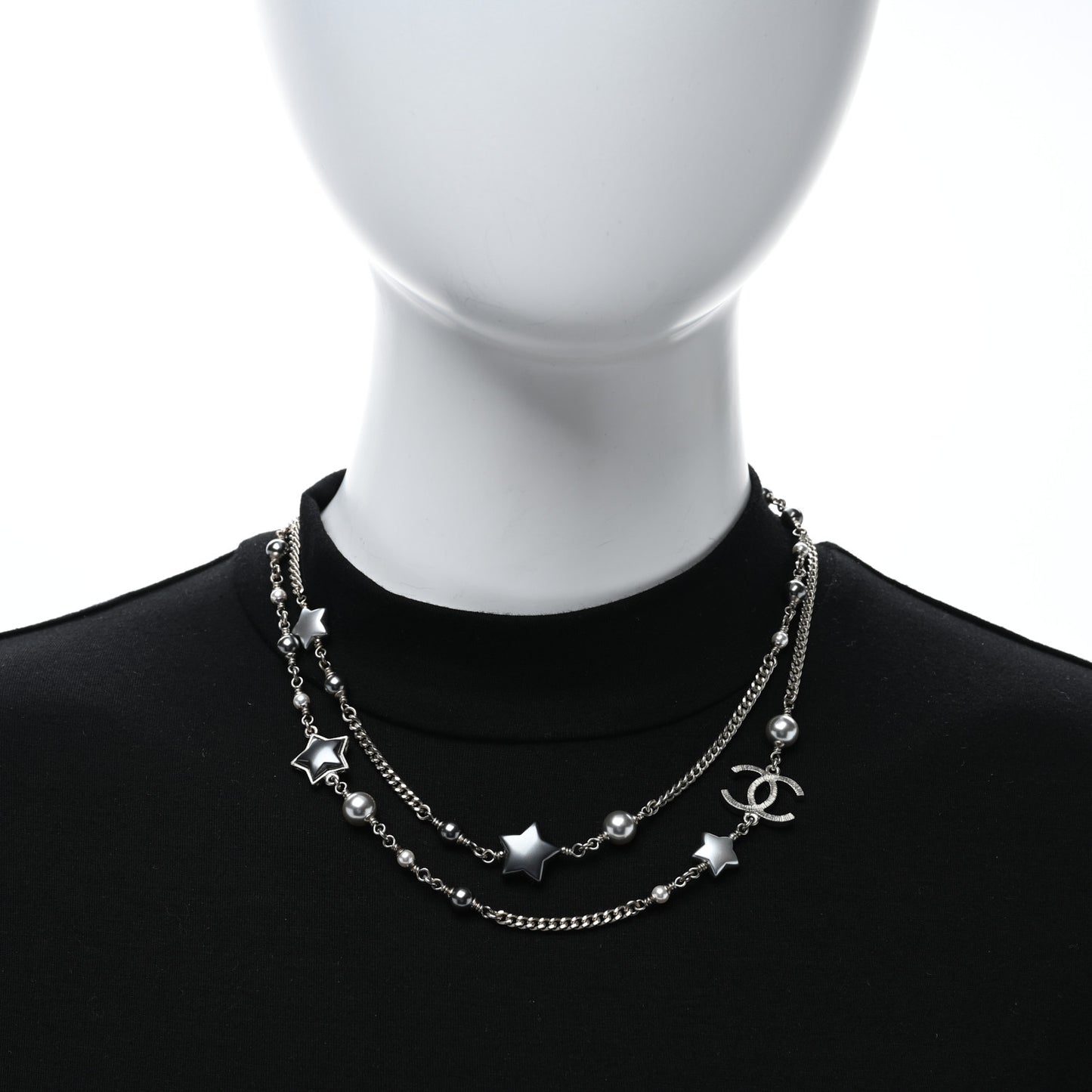 Resin Pearl Star CC Necklace Grey Silver