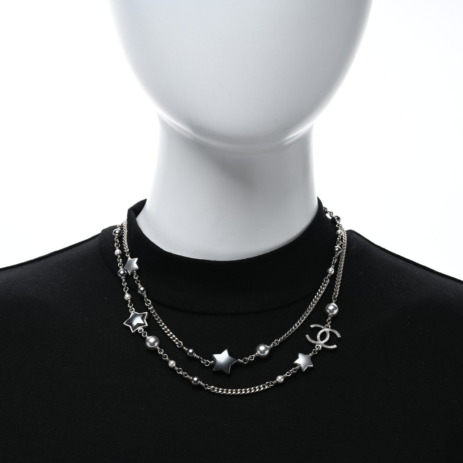 Chanel Resin Pearl Star CC Necklace Grey Silver 2 of 4