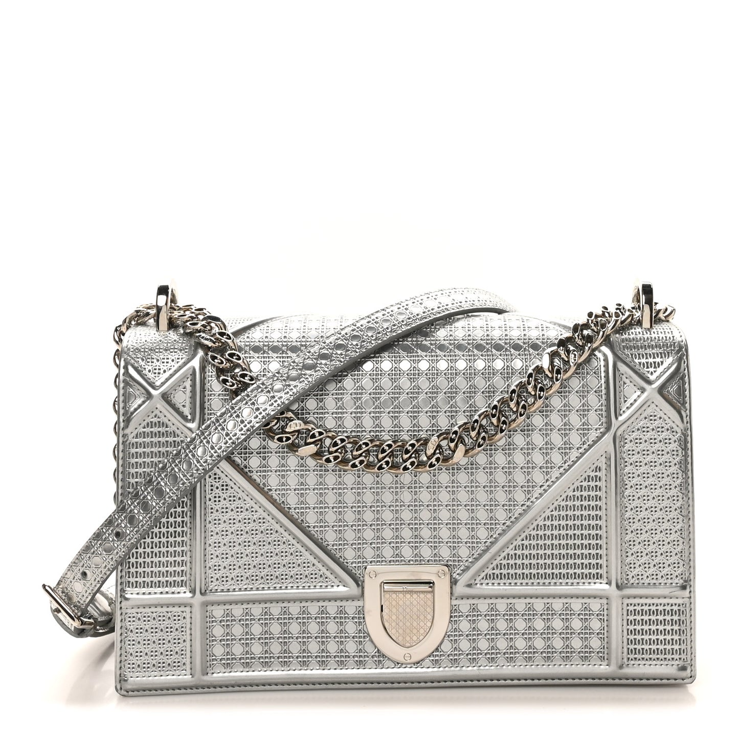 Metallic Patent Micro-Cannage Medium Diorama Flap Bag Silver