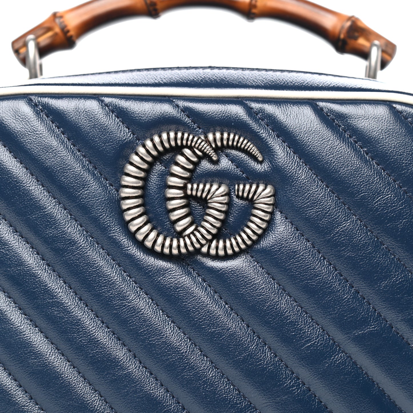 Vintage Effect Calfskin Matelasse Diagonal Small Torchon GG Marmont Bamboo Top Handle Shoulder Bag Blue Agata Mystic White