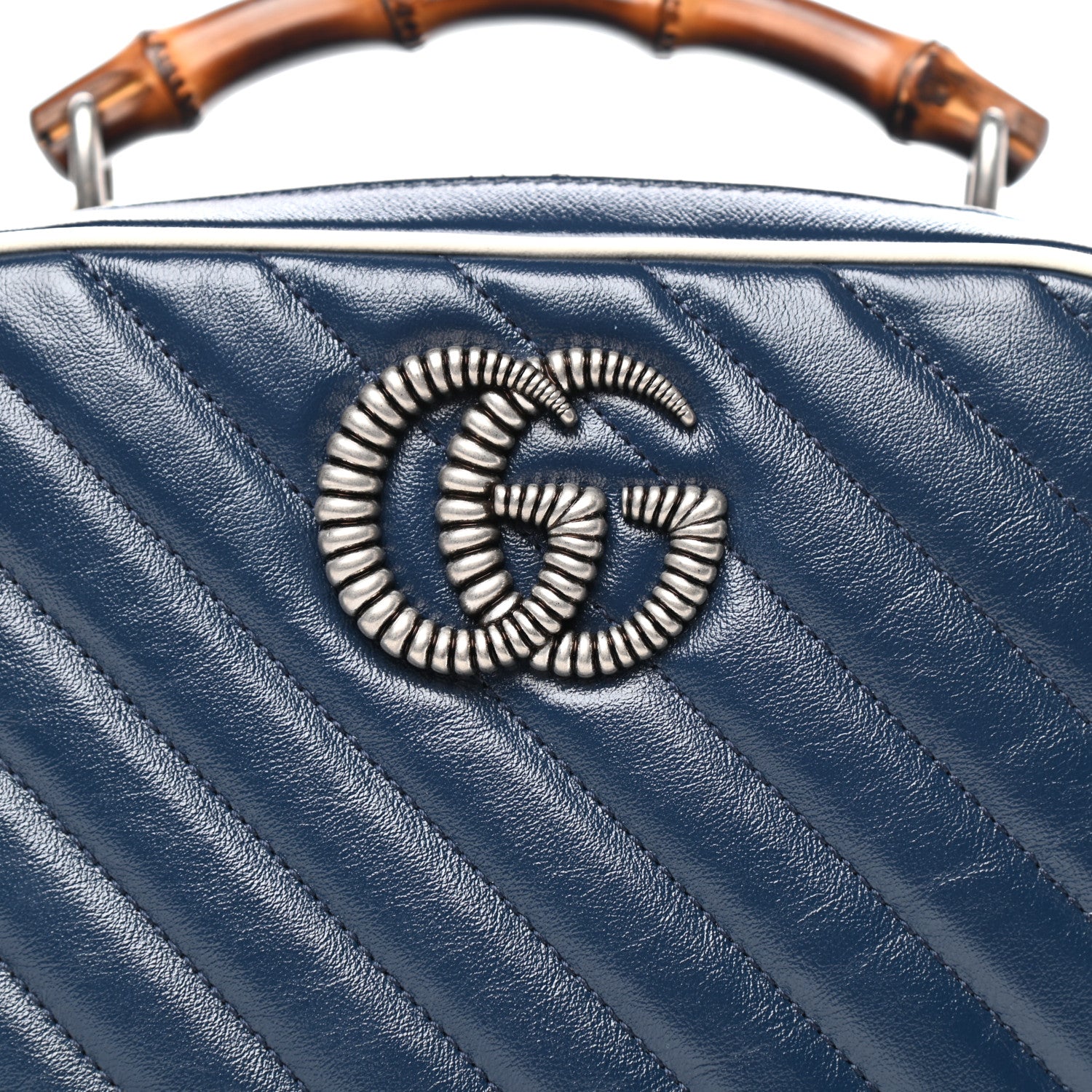 Gucci Vintage Effect Calfskin Matelasse Diagonal Small Torchon GG Marmont Bamboo Top Handle Shoulder Bag Blue Agata Mystic White 10 of 10