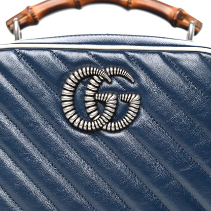 Gucci Vintage Effect Calfskin Matelasse Diagonal Small Torchon GG Marmont Bamboo Top Handle Shoulder Bag Blue Agata Mystic White 10 of 10