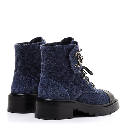 Chanel Shiny Calfskin Velvet Quilted Lace Up Combat Boots 37 Blue 4 of 13