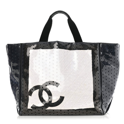 Chanel Canvas Vinyl Perforated CC Tote White Black Dark Navy 1 of 11