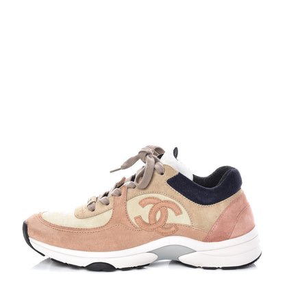 Chanel Suede Calfskin CC Sneakers 37.5 Brown Beige 1 of 9