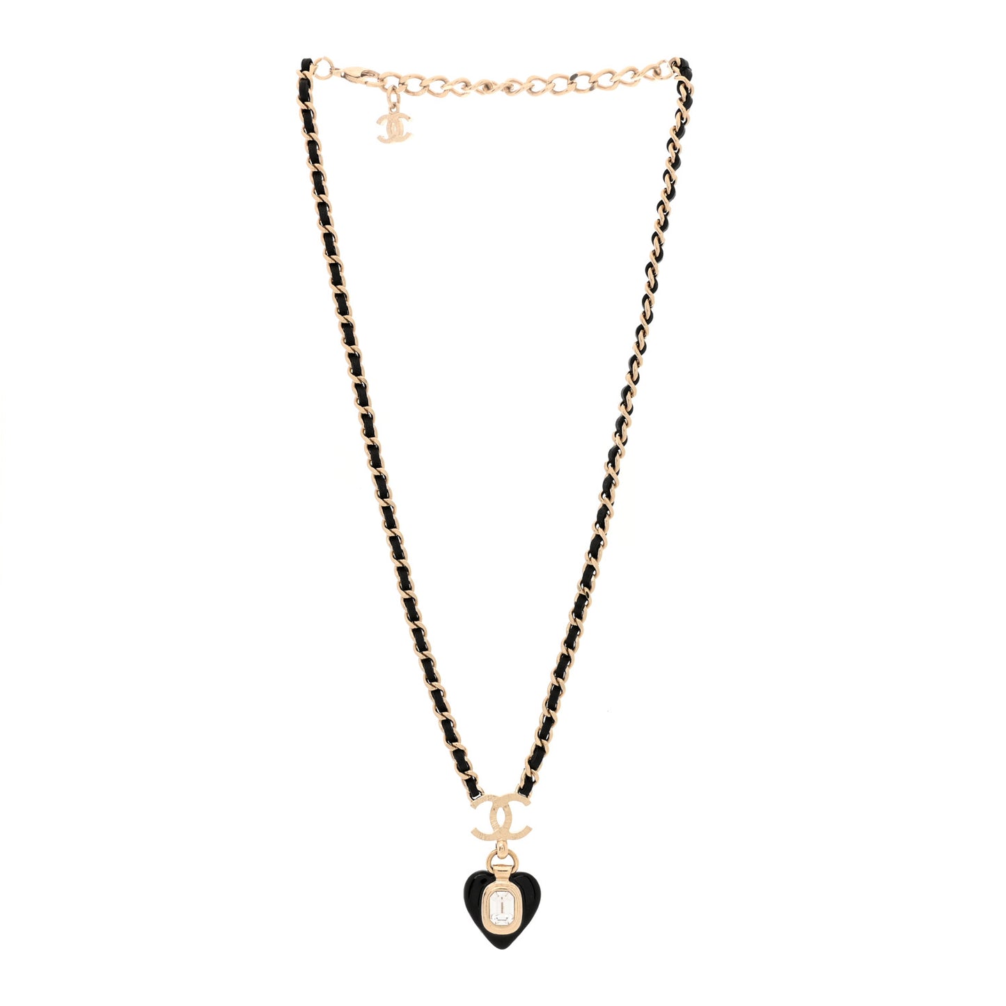 Lambskin Crystal Pearl CC Heart Drop Necklace Gold Black