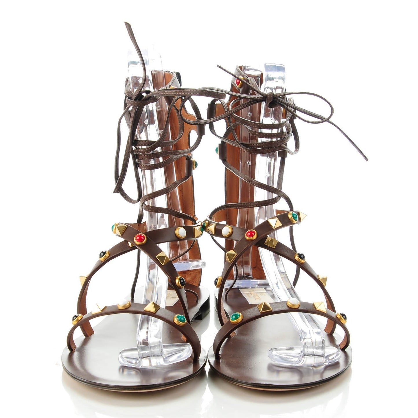 Calfskin Rockstud Rolling Cabochon Gladiator Flat Sandals 40 Cacao