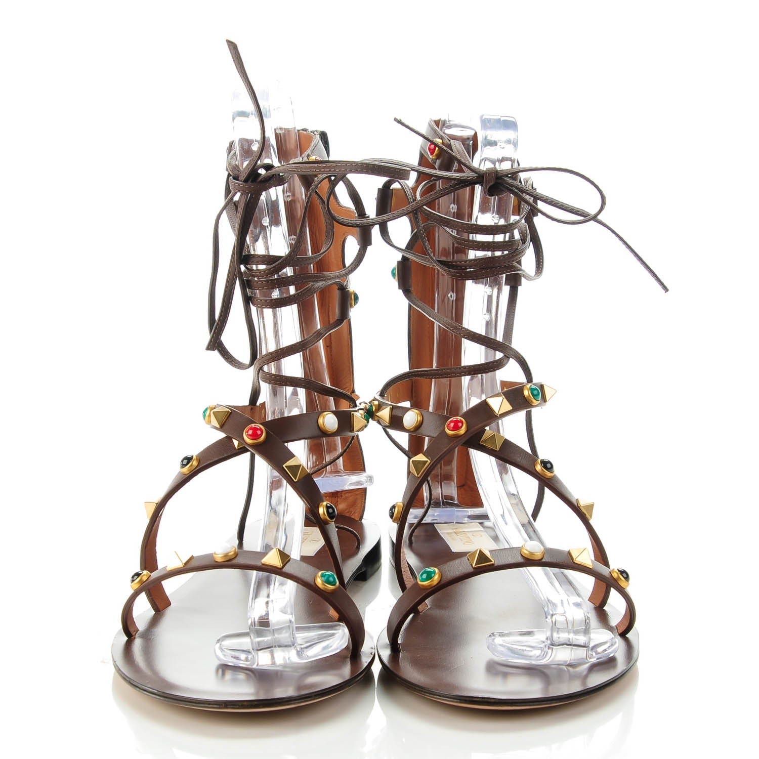Valentino Garavani Calfskin Rockstud Rolling Cabochon Gladiator Flat Sandals 40 Cacao 2 of 7