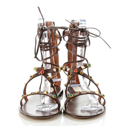 Valentino Garavani Calfskin Rockstud Rolling Cabochon Gladiator Flat Sandals 40 Cacao 2 of 7