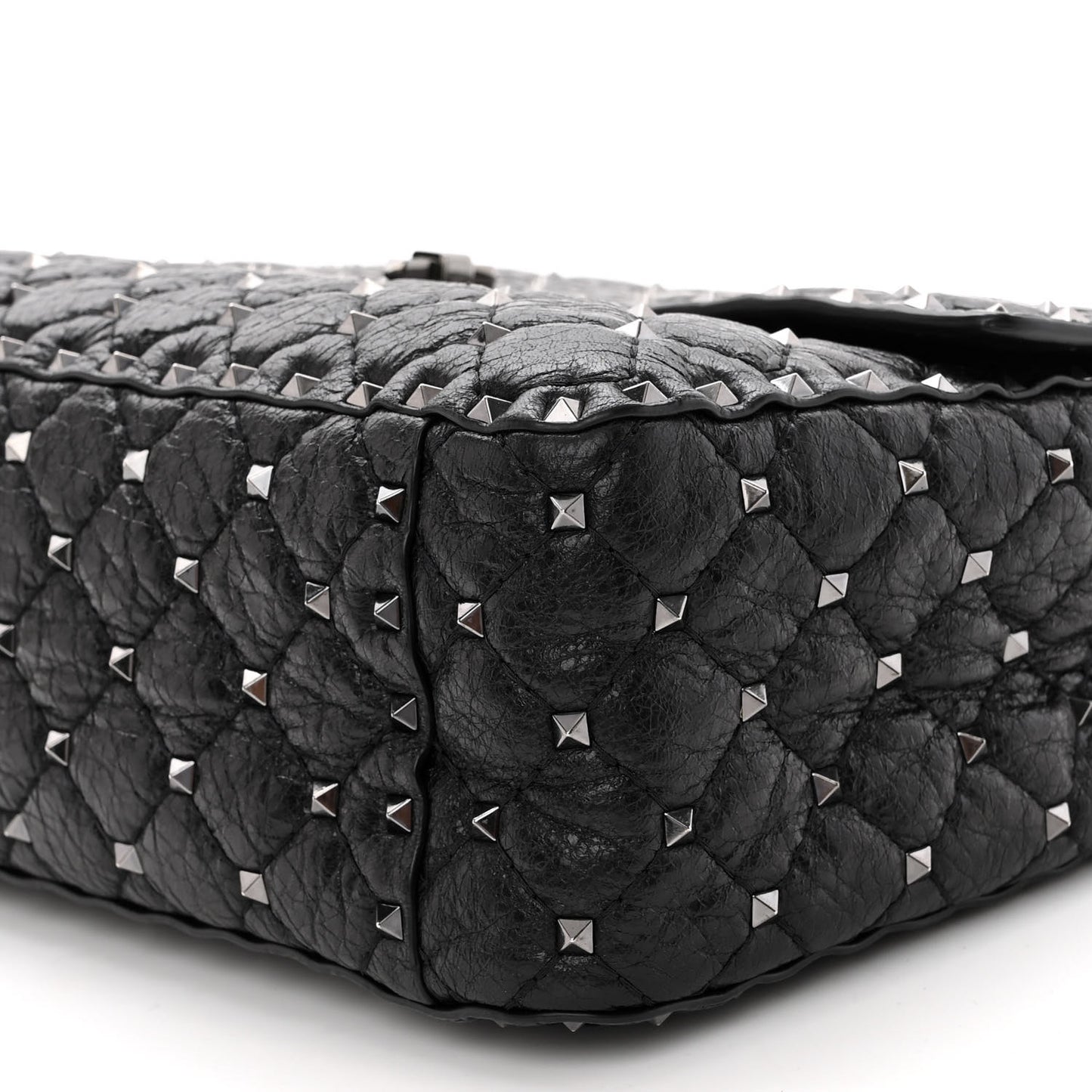 Craquele Nappa Large Rockstud Spike Shoulder Bag Black