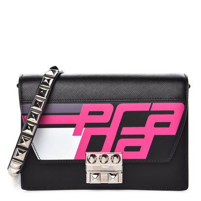 Prada City Calfskin Saffiano Racing Logo Elektra Shoulder Bag Fuxia Black 1 of 7