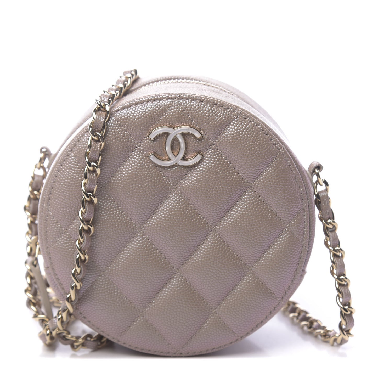 Iridescent Caviar Quilted Round Clutch With Chain Beige