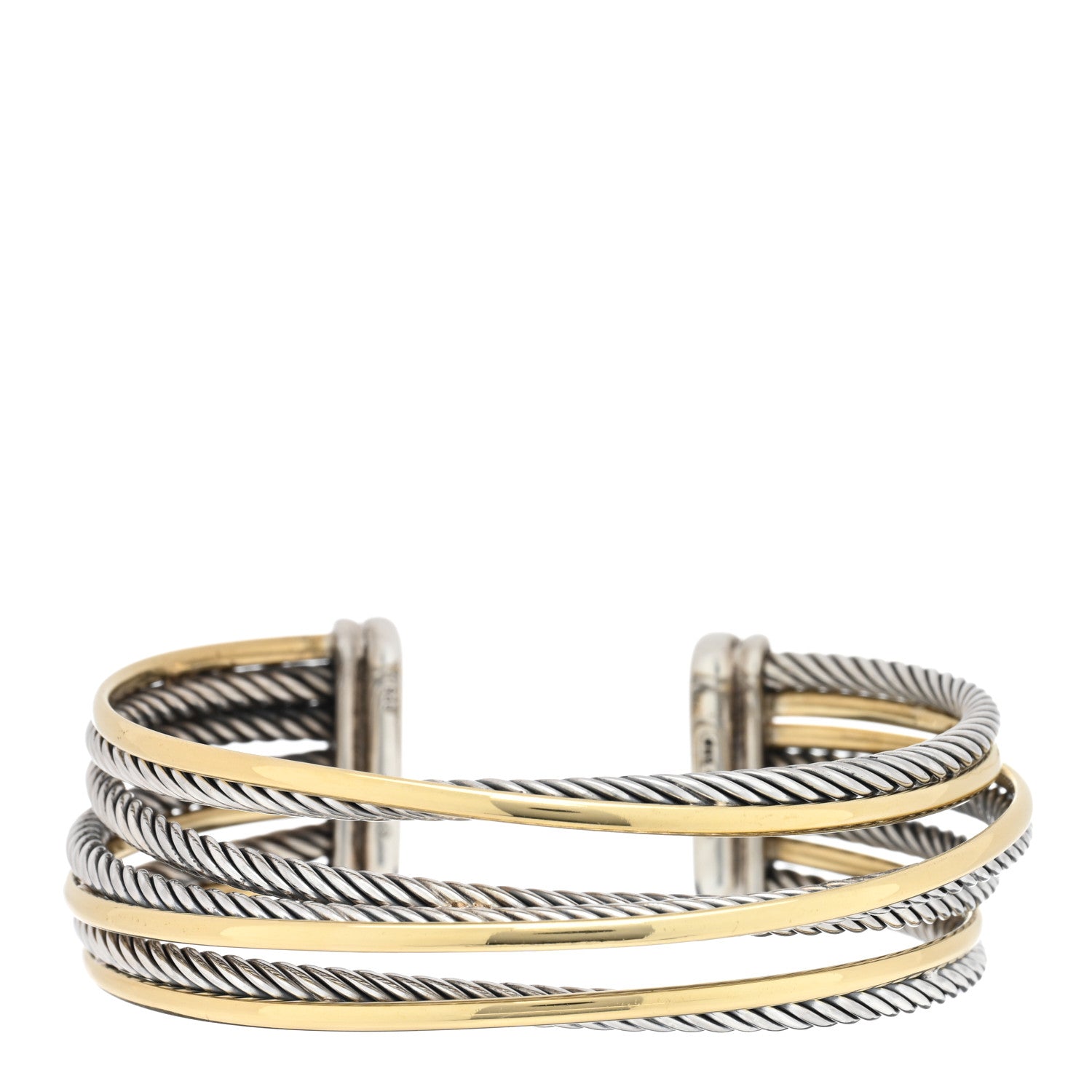 David Yurman Sterling Silver 18K Yellow Gold 21mm Four Row Crossover Cuff Bracelet 1 of 3