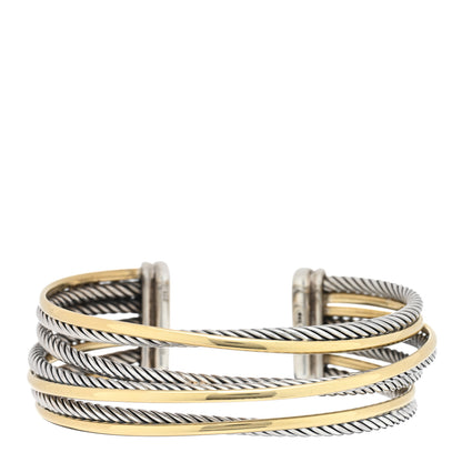 David Yurman Sterling Silver 18K Yellow Gold 21mm Four Row Crossover Cuff Bracelet 1 of 3