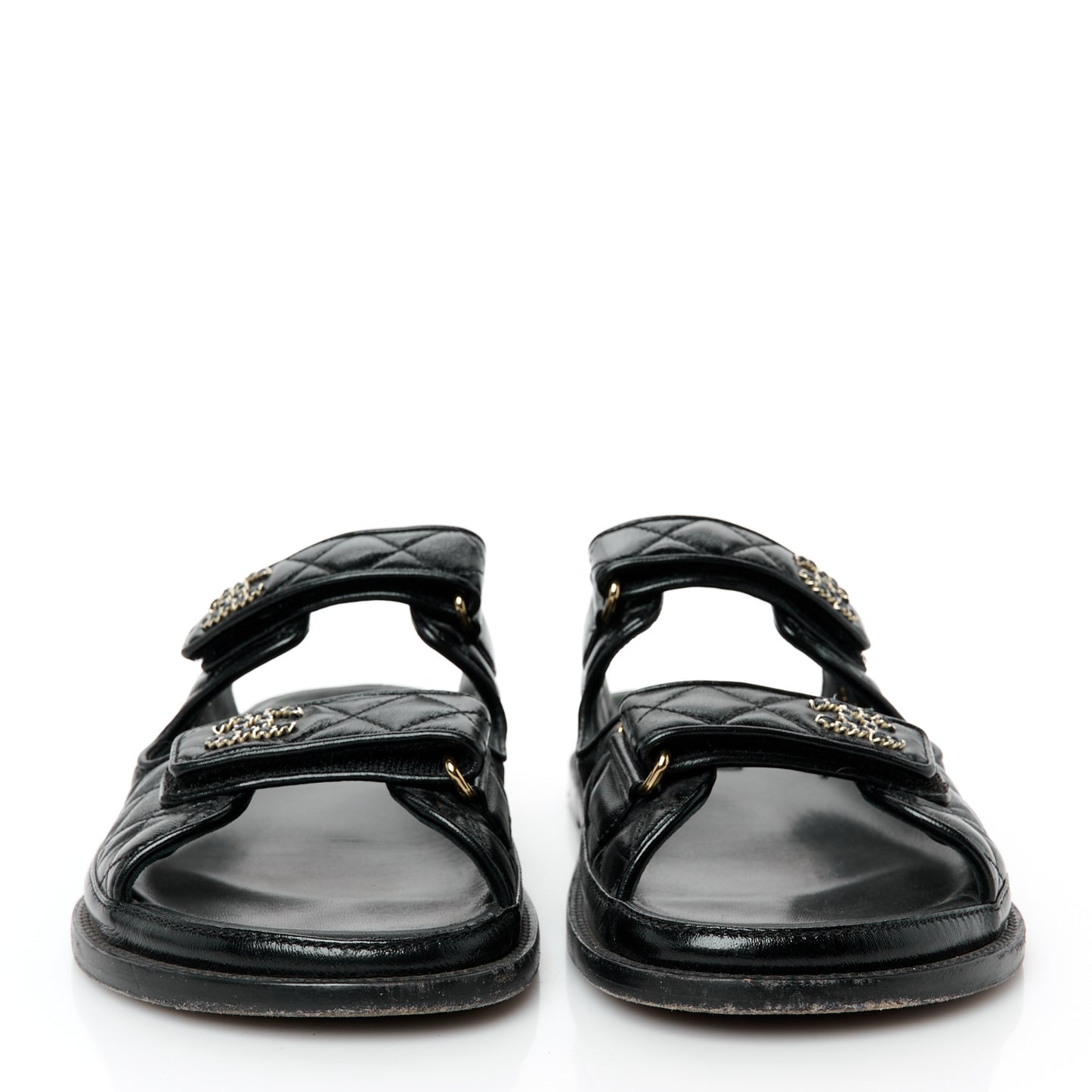 Lambskin Quilted Velcro Dad Chain CC Slide Sandals 41 Black