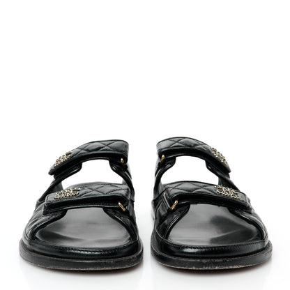 Chanel Lambskin Quilted Velcro Dad Chain CC Slide Sandals 41 Black 3 of 10