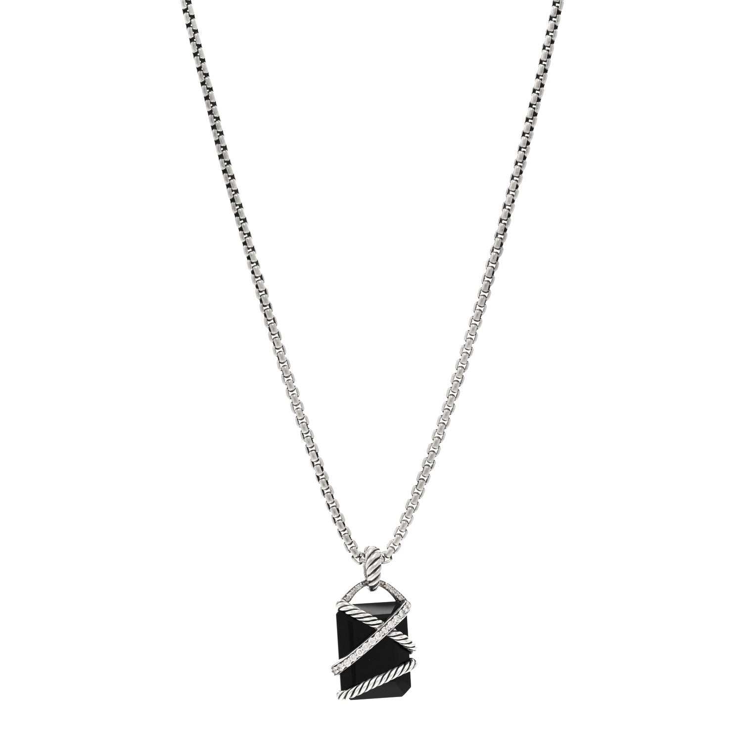 David Yurman Sterling Silver Diamond Black Onyx 17mm Cable Wrap Pendant Necklace 1 of 4