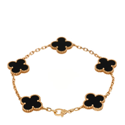Van Cleef & Arpels 18K Yellow Gold Black Onyx 5 Motifs Vintage Alhambra Bracelet 2 of 5
