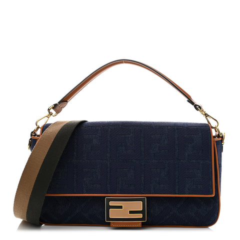 Denim Vitello King FF Embroidered Large Baguette Blue Cuoio
