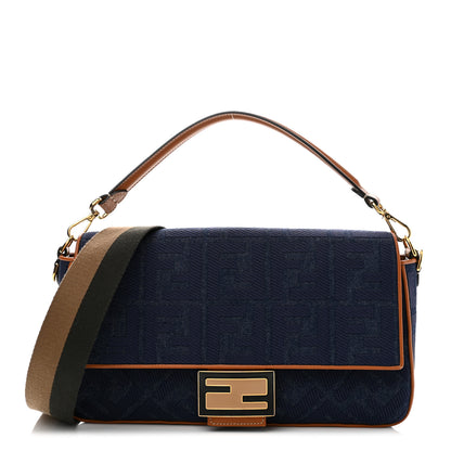 Fendi Denim Vitello King FF Embroidered Large Baguette Blue Cuoio 1 of 10