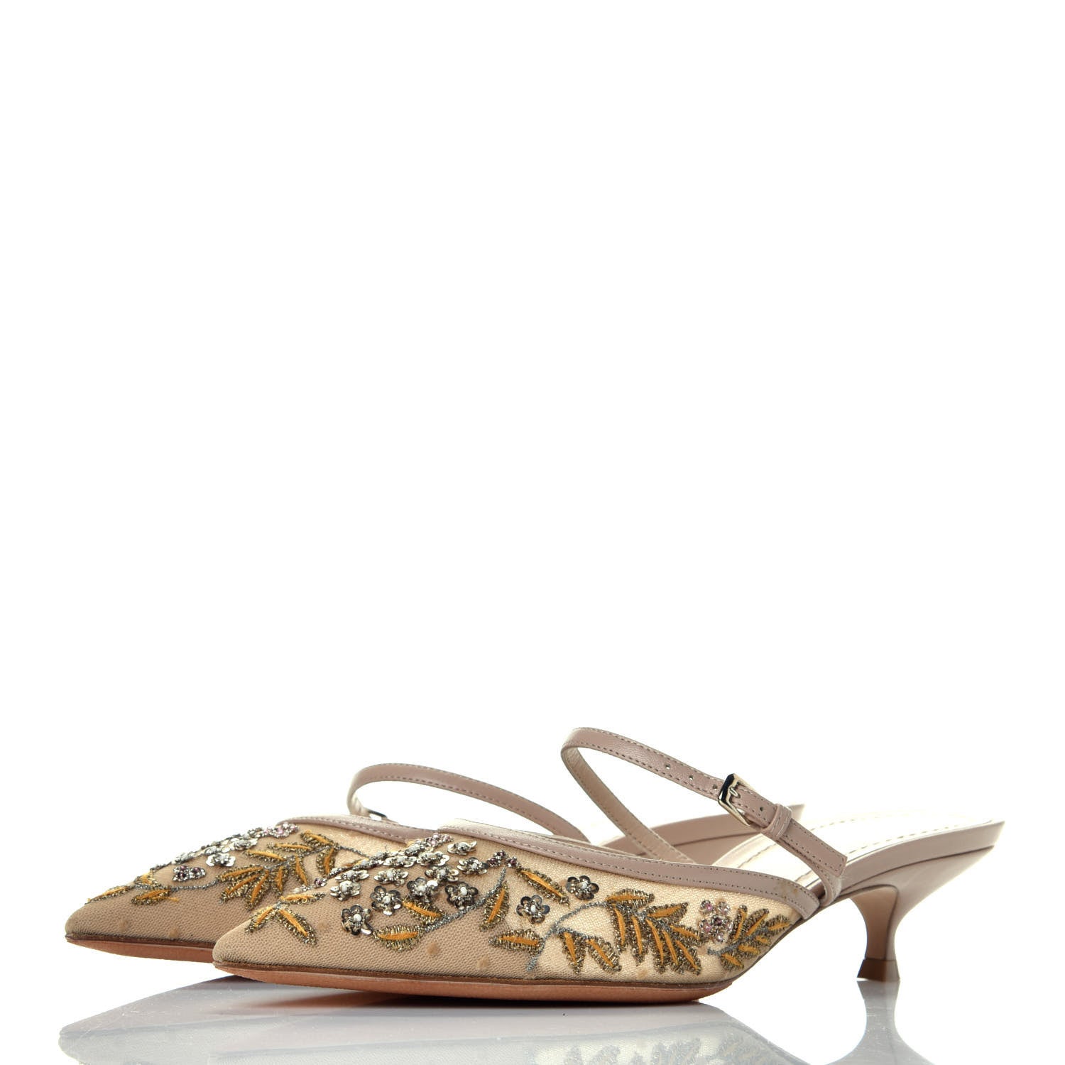 Christian Dior Fabric Embroidered Flower Dioreve Slingback Pumps 38 Gold 3 of 7