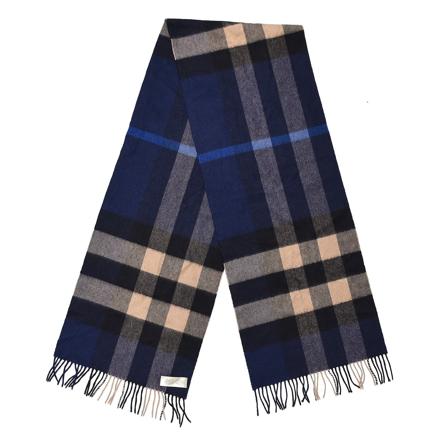 Cashmere Giant Check Fringe Scarf Blue