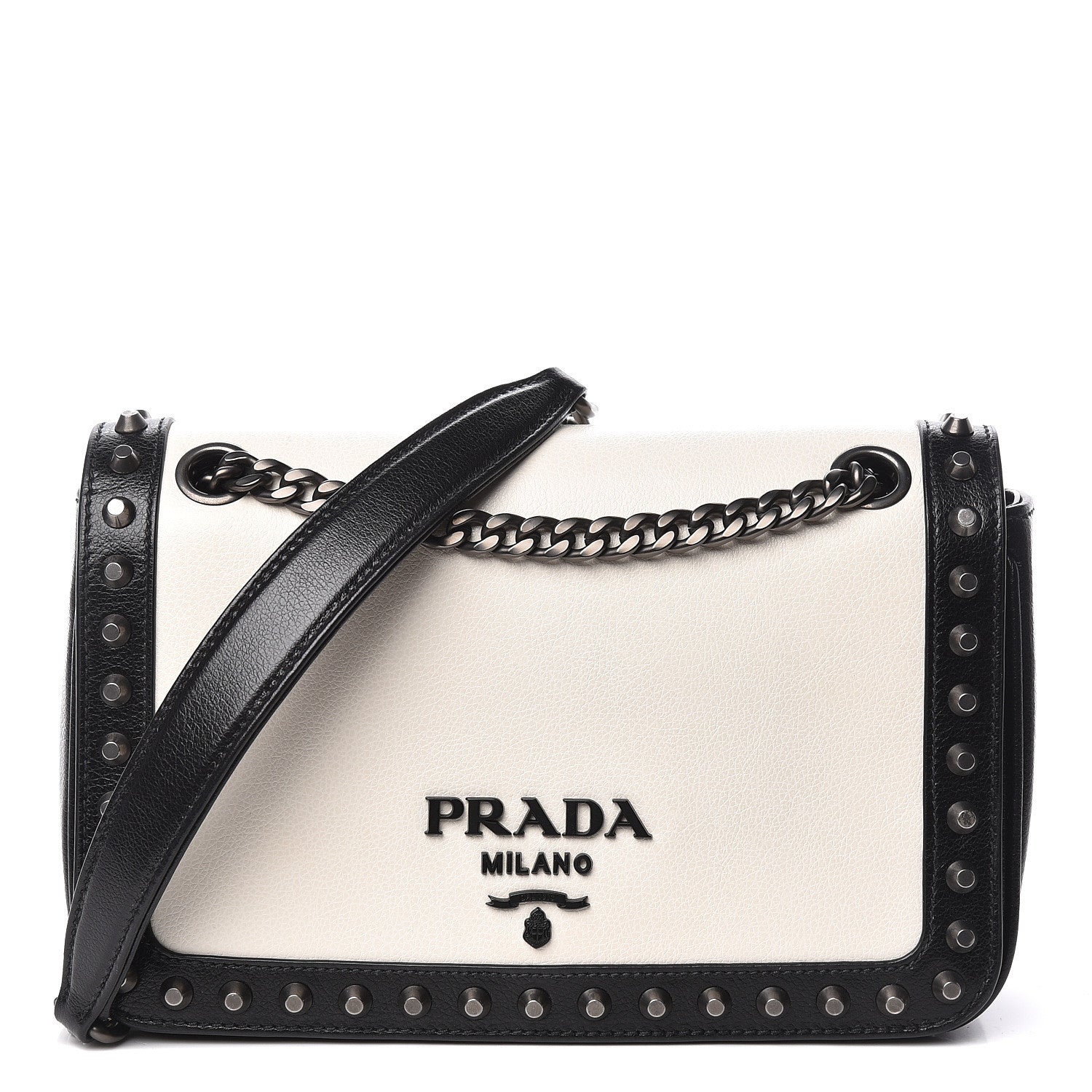 Prada Glace Calfskin Studded Crossbody White Black 1 of 10