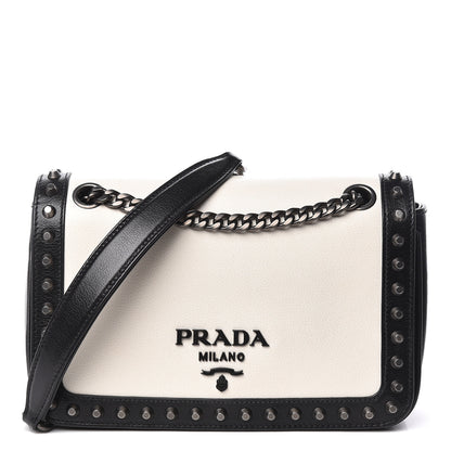 Prada Glace Calfskin Studded Crossbody White Black 1 of 10