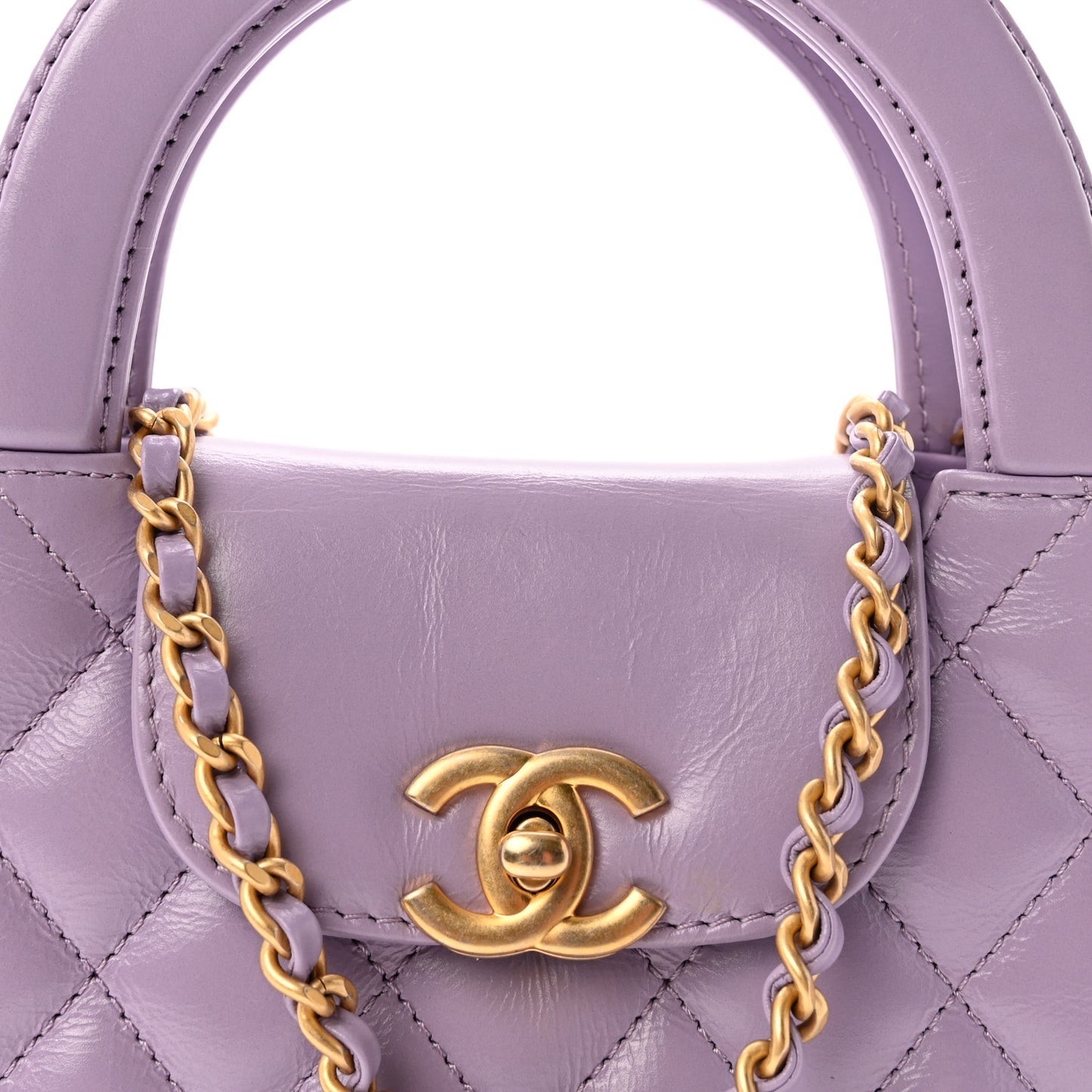 Shiny Aged Calfskin Quilted Nano Kelly Shopper Lilac