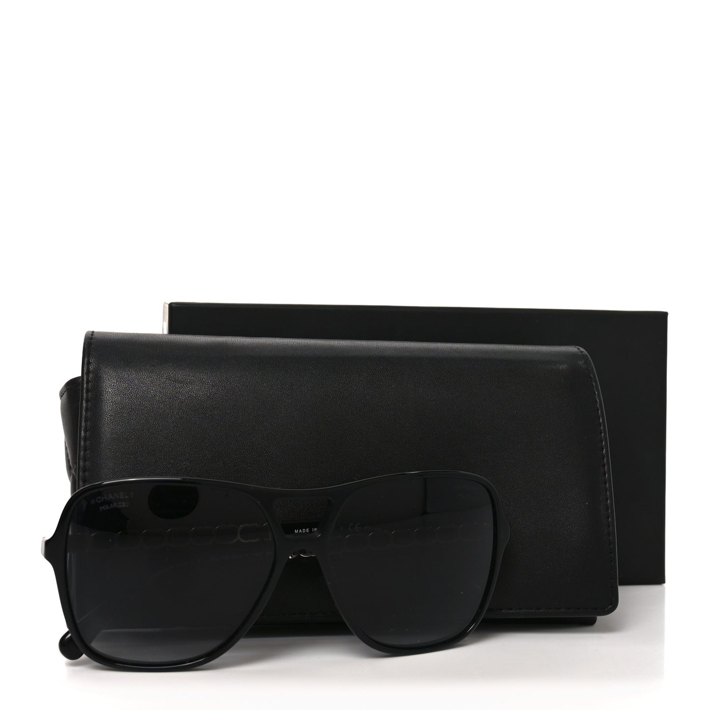 Metal Calfskin Polarized CC Chain Pilot Sunglasses 5439-Q-A Black