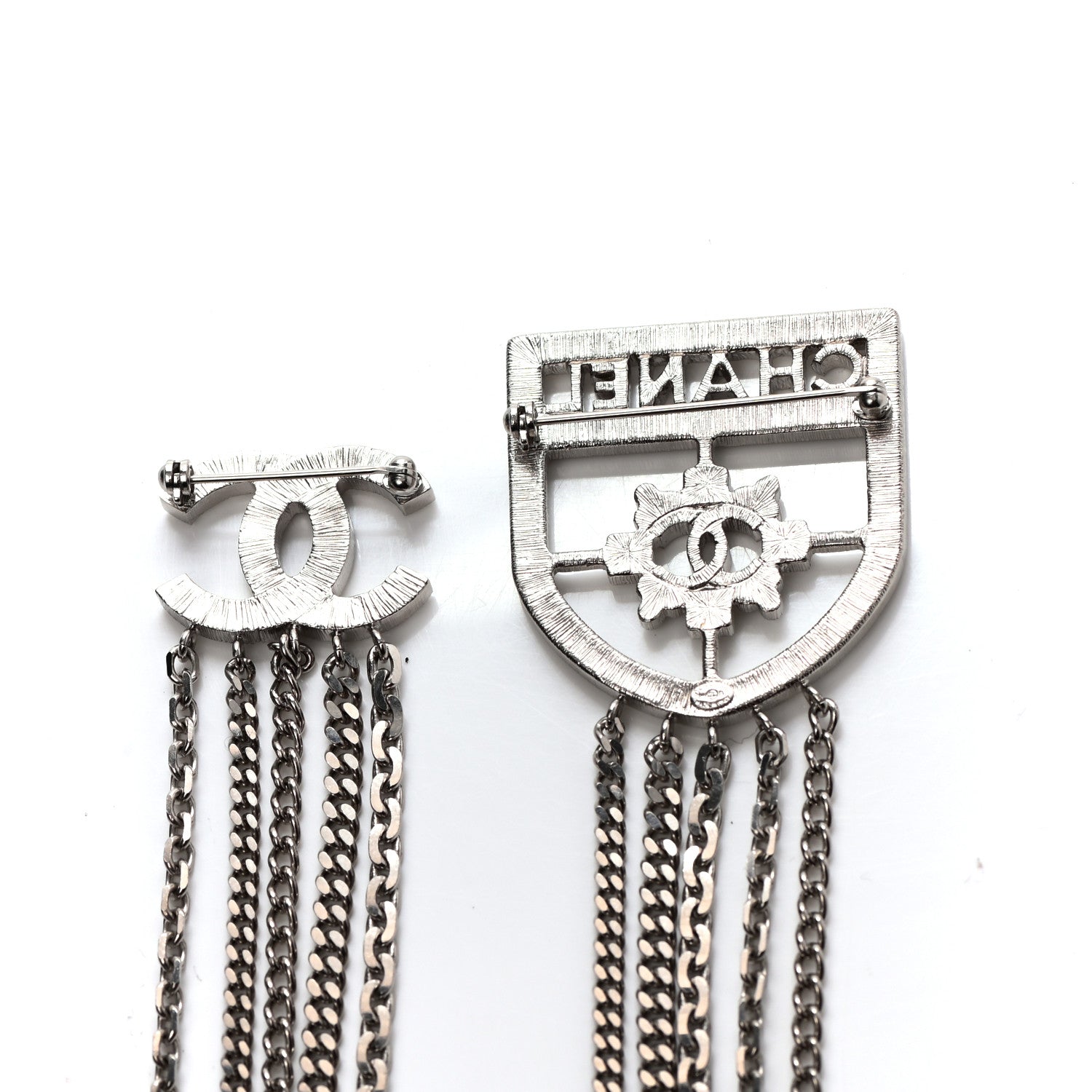 Chanel Baguette Crystal CC Shield Multi Strand Long Chain Brooch Silver 5 of 6